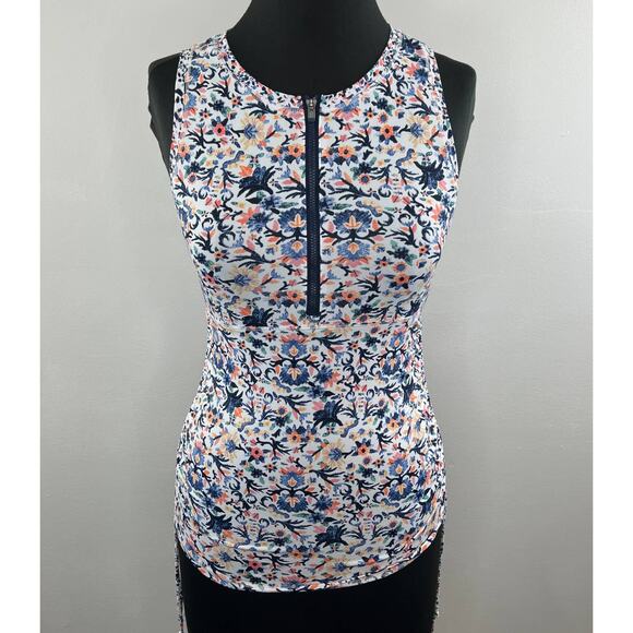 ATHLETA White Blue Partial Zip Sleeveless Barbados Side Scrunch Tank Sz XXS - Picture 1 of 8